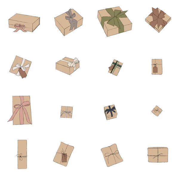 Hediye Kutuları Renkli Çizim Seti Hediye Kutuları Koleksiyonu Kurdeleli Kutular — Stok Vektör