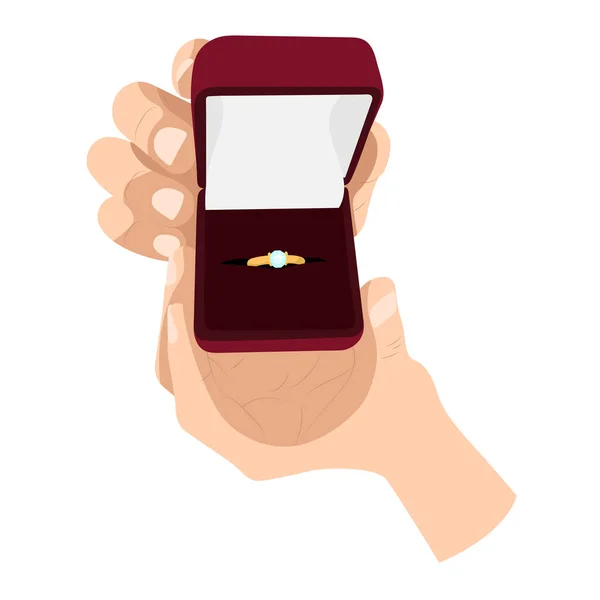 Doos Met Een Ring Handen Vector Illustratie Verlovingsring — Stockvector