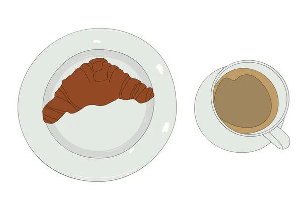 Κρουασάν Και Καφέ Ένα Πιάτο Διανυσματική Απεικόνιση — Διανυσματικό Αρχείο