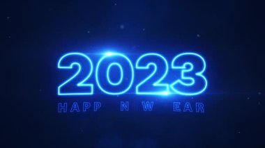 Mutlu yıllar 2023 mavi neon açıcı parçacıkları bokeh arkaplan yeni yıl çözünürlüğü kavramı.