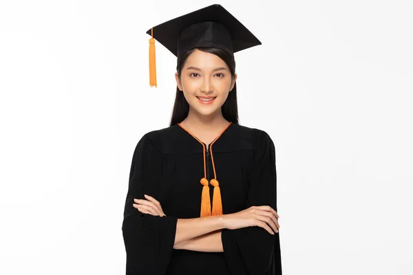 Beautiful Attractive Asian Graduated Woman Cap Gown Smile Cross Arm — Stock Photo, Image