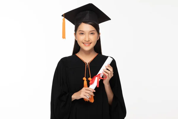 Beautiful Attractive Asian Woman Graduate Cap Gown Smile Certificated Her — Stok Foto