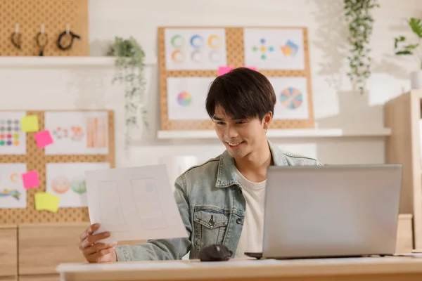 Entrepreneur Handsome Business Asian Man Wear Casual Shirt Working Laptop — Stock Photo, Image