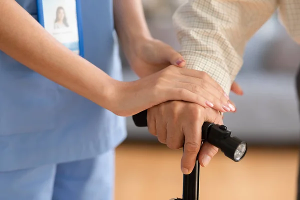 Close Hand Doctor Nurse Holding Hand Elderly Patient Cane Walk — Stok Foto