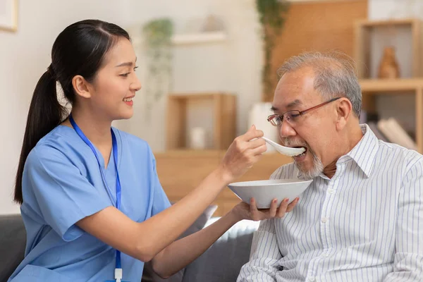 若いアジア人看護師はソファで老人に朝食を与えます 白い髭を生やしたアジア系の老人が食事を楽しむ 介護者は高齢者の世話をし 柔らかい食べ物を与え 患者の世話をする ロイヤリティフリーのストック画像