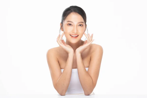 Hermosa Mujer Joven Asiática Tocando Suave Sonrisa Mejilla Con Piel — Foto de Stock
