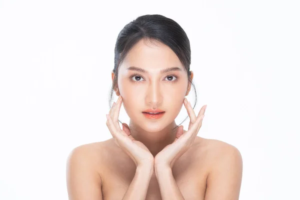Wanita Muda Asia Yang Cantik Menyentuh Pipi Lembut Tersenyum Dengan — Stok Foto