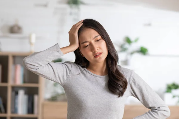 Asian Woman Has Got Headache Frown Face She Seems Stressed — Stock fotografie