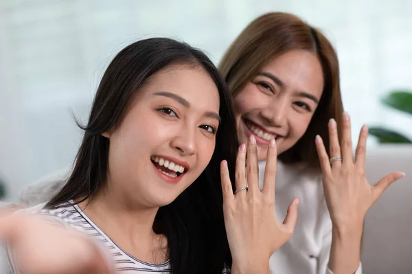 Camera View Young Asian Women Couple Taking Picture Together Lgbtq — Stok Foto