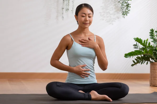 Asian Woman Doing Breathing Exercise Practice Yoga Healthy Female Inhaling Stock Photo