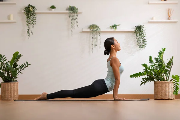 Kesejahteraan Wanita Asia Yang Menarik Berlatih Yoga Cobra Berpose Rumah — Stok Foto