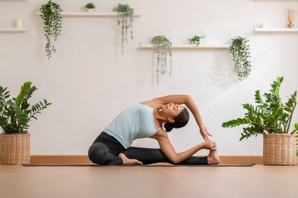 Calm Asian Woman Sportwear Stretching Muslce Warm Breathing Meditation Yoga — Fotografia de Stock
