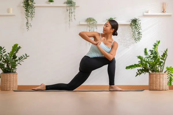 Calm Asian Woman Sportwear Stretching Muslce Warm Breathing Meditation Yoga — Stock Photo, Image