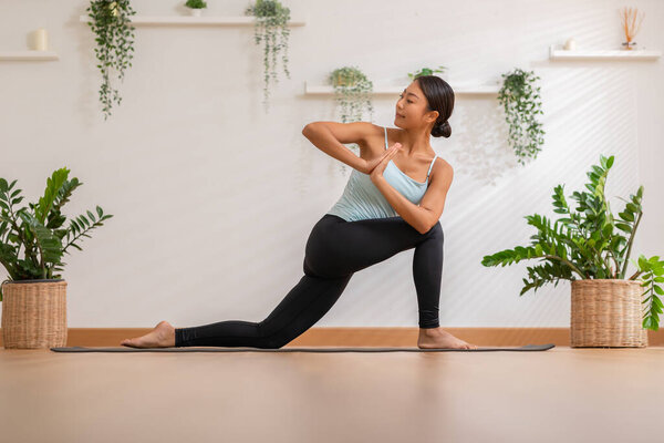 Calm Asian Woman Sportwear Stretching Muslce Warm Breathing Meditation Yoga Stock Image