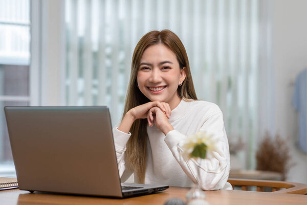 Happy Asian Young Woman Smile Computer Laptop Working Home Office Stock Photo