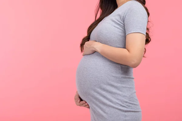 Side View Close Pregnant Woman Standing Stroking Big Belly Love — Stockfoto