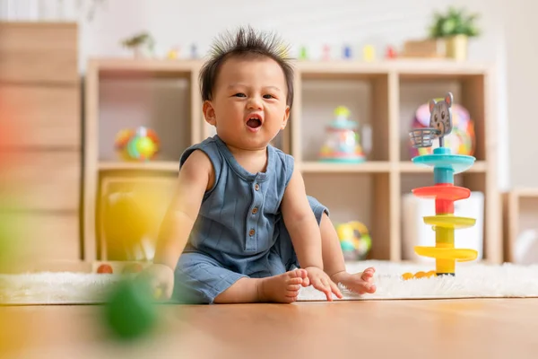 Cute Asian Baby Playing Educational Toys Learning Develop Skill Home — Stok Foto