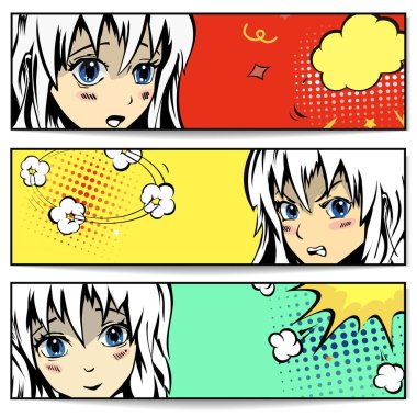 Girl face banners manga. Cartoon anime japanese style concept vector Girl face banners manga. Cartoon anime japanese style concept vector