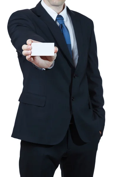 Hombre de negocios mostrar tarjeta sobre fondo blanco — Foto de Stock