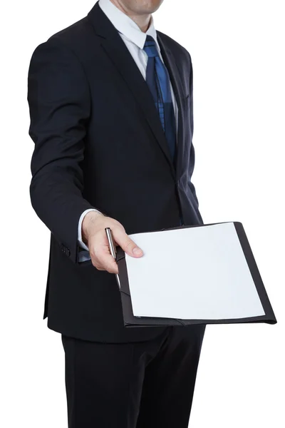 Businessman about handing an agreement paper on white background Stock Image