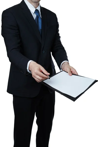 Бизнесмен дает вам документ на белом фоне Лицензионные Стоковые Изображения