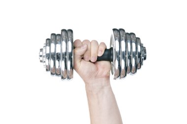 metal barbell üzerinde beyaz izole erkek elini tutuyor