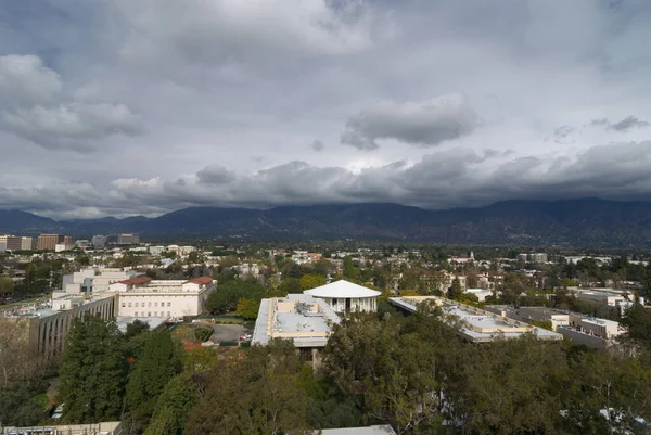 Wide angel image of the City of Pasadena in Los Angeles County looking north toward the San Gabriel Mountains.
