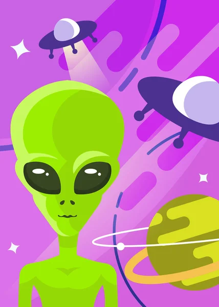 Plakat Mit Alien Und Fliegenden Untertassen Plakatgestaltung Cartoon Stil — Stockvektor