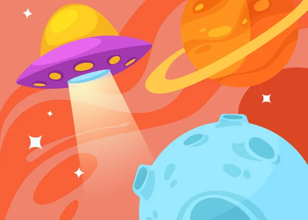 Banner with flying saucer and planets. — Stock Vector