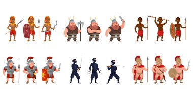 Farklı pozisyonlarda büyük bir grup savaşçı..