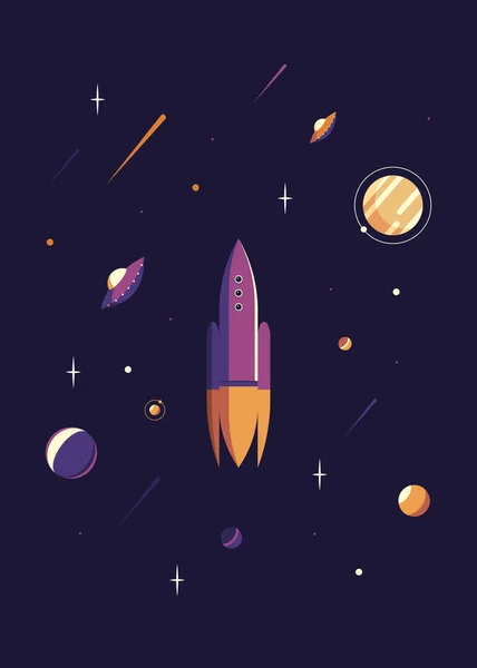 Cartel espacial con cohete y platillo volador. — Vector de stock