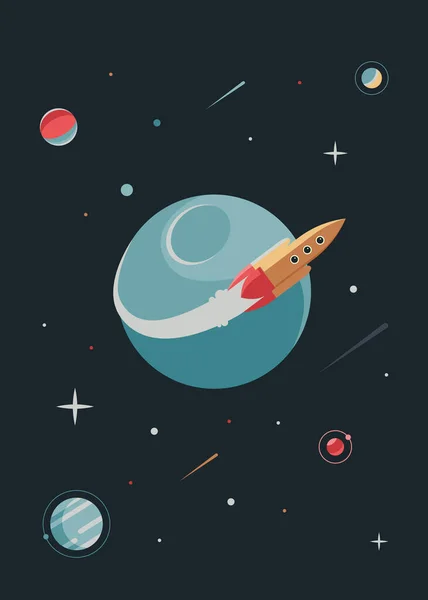 지구 주위를 날아다니는 로켓이 달린 포스터. — 스톡 벡터