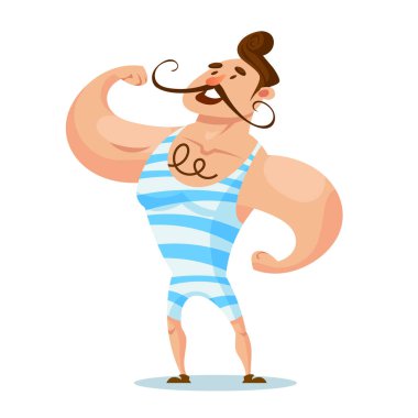 Circus strongman showing muscles. Man in cartoon style.