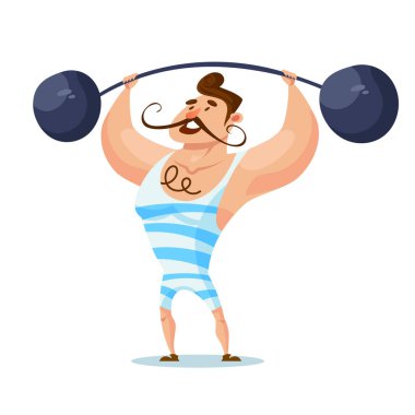 Circus strongman lifting barbell. Man in cartoon style.