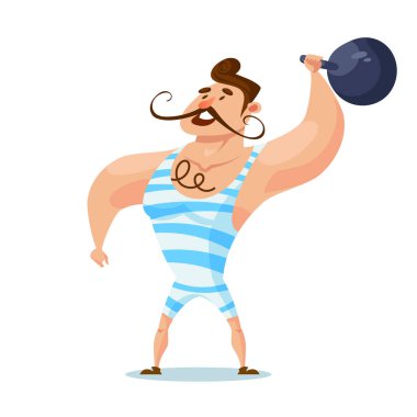Circus strongman lifting dumbbell. Man in cartoon style.