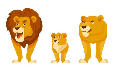Lion family front view. African animals in cartoon style.