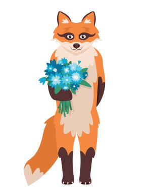 Fox holding bouquet of flowers. Animal in cartoon style.