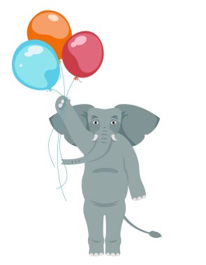 Elephant holding balloons. Animal in cartoon style.