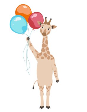 Giraffe holding balloons. Animal in cartoon style.