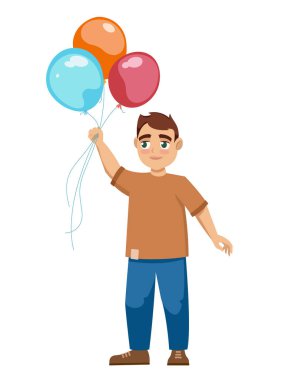 Boy holding balloons. Character in cartoon style.
