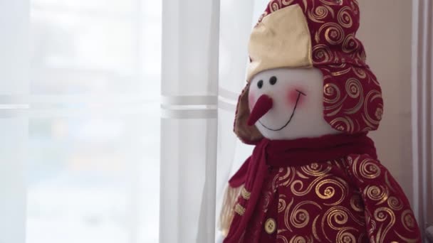 面白い雪だるまが晴れた日に屋内に立っている 帽子の中の雪だるまと赤いスカーフの絵 — ストック動画