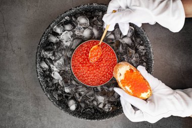 Beyaz eldivenli garsonun eli tereyağlı ekmek için kaşıkta bir havyar alır.