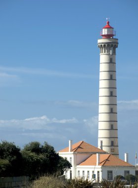 Dikey parlak mavi gökyüzü arka plan ile deniz feneri