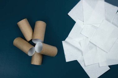 Sol tarafta tuvalet kağıdının boş karton tüpleri var. Sağda, beyaz delikli tuvalet kağıdı parçaları var. Koyu mavi-yeşil arka planda. Yukarıdan görüntüle