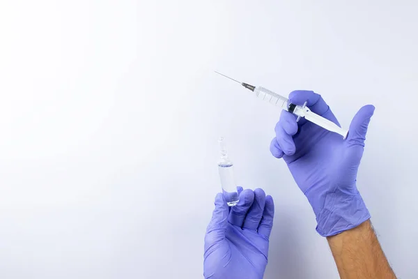 Disposable Syringe Transparent Needle Ampoule Liquid Male Hands Blue Lilac — Stock Photo, Image