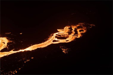 An aerial image shot by a drone of the brand new Meradalir Eruption of Fagradalsfjall Volcano in Iceland 2022. High quality DJI Air2s images. Icelands newest eruption of the Fagradalsfjall volcano.
