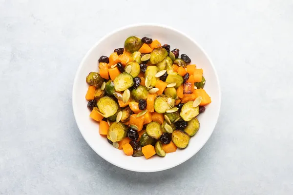 Roasted Brussels Sprouts Salad Maple Butternut Squash Pumpkin Seeds Cranberries — Stock Photo, Image