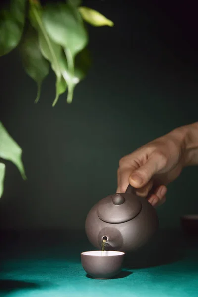 Freshly brewed tea is poured into a tea bowl, front view moody image with copy space for a text