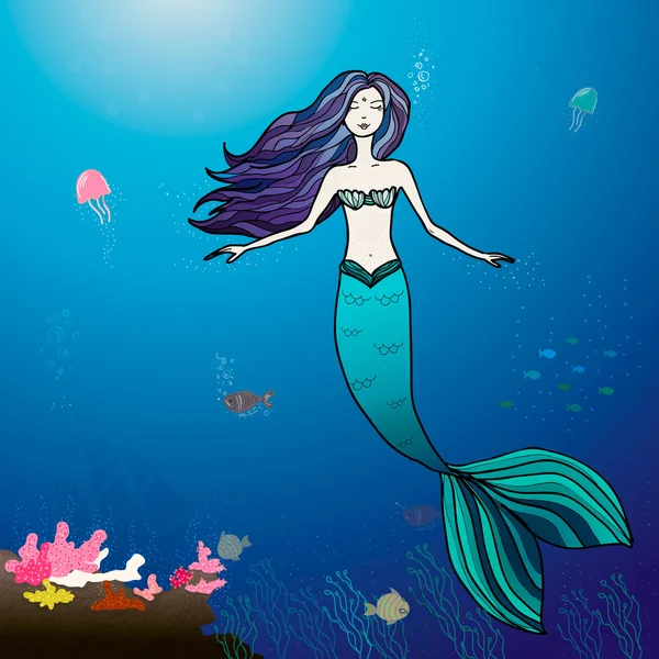 Mermaid och havet illustration — Stock vektor