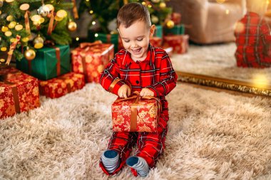 Noel ağacının arka planında Noel hediyesi olan küçük bir çocuk. Tatil konsepti